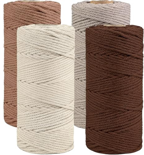Cerkkapo Hilo de macramé, 3 mm x 400 m, cuerda de macramé, (juego con 4 colores: crudo/marrón oscuro/simply topo/mocca) DIY hilo natural de algodón hilo de algodón cuerda de algodón para plantas de