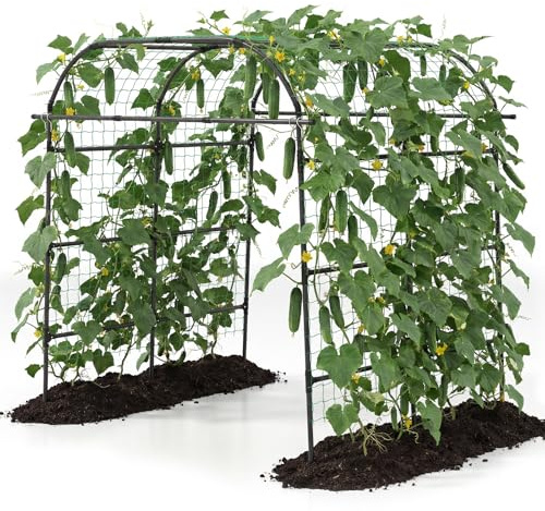 GOPLUS Arche Jardin pour Plantes Grimpantes, Hauteur 230CM, Treillis pour Légumes, Fleurs, Concombre, Tonnelle Décorative Extérieur Résistante à la Rouille, Filet en Nylon, 181 x 211 x 230 CM