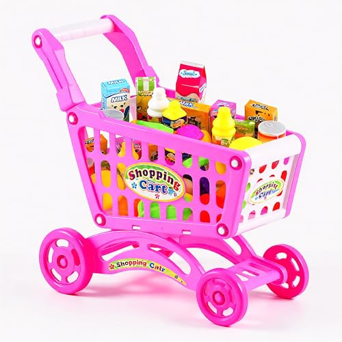 The Magic Toy Shop Kids Shopping Trolley Toy with Accessories - Pink, Pretend Play Food, Grocery Cart, Role Play Fun - Child's Shopping Trolley for Toddlers, Supermarket Toys for Learning