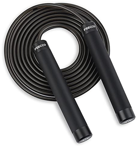 FEECCO 1/2 lb Weighted Jump Rope for Boxing, Cardio, Crossfit Workout, 8~11ft Range Adjustable Length Steel Ropes with Ball Bearings and Metal Handles, Suitable for Men and Women