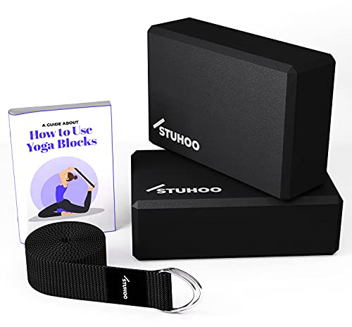 STUHOO Lot de 2 Blocs et Sangle de Yoga Avec Livre Électronique - Brique Robuste et Bloc de Mousse EVA Léger Pour Approfondir les Poses, Fournit Force et Stabilité