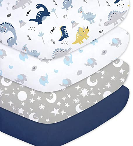 Plushii Crib Sheets for Baby Boys 4 Pack, 28x 52 Extra Soft Microfiber Crib Sheet Set for Standard Crib & Toddler Mattress Pad, Dinosaur & Elephant & Stars & Navy Blue