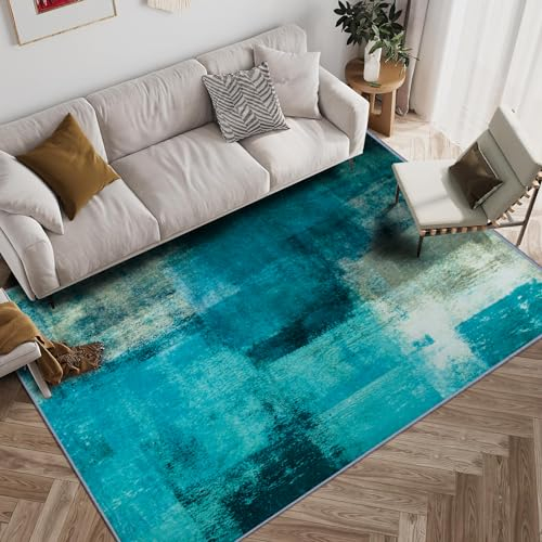 TYJDTYR Wohnzimmer Teppich 140 x 200 cm Modern Abstrakt Grau, Kurzflor, Waschbar für Schlafzimmer Esszimmer Dekorative Blau