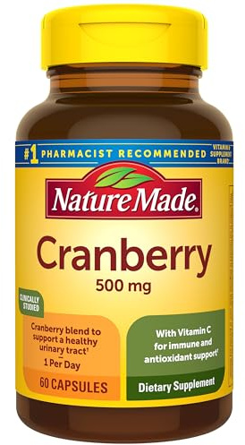 Nature Made Cranberry Supplement 500mg with Vitamin C for Immune & Antioxidant Support, Cranberry Blend for Urinary Tract Health, One Per Day, 60 Capsules