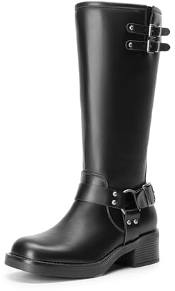 DREAM PAIRS Women's Knee High Boots Side Zipper Motorcycle Boots Square Toe Chunky Low Heel Fashion Buckles Biker Riding Boots,Size 7.5,Black-Pu,SDKB2412W