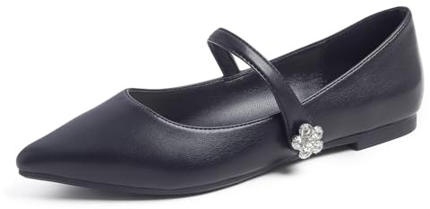 Feversole Women's Pointed Toe Colorful Flat,Ballet breveté de Ballet de Brevet de Coussin de Mousse de mémoire de Macaron coloré à Bout Pointu Maryjane Boucle à Fleur en Cuir végétal Noir 38
