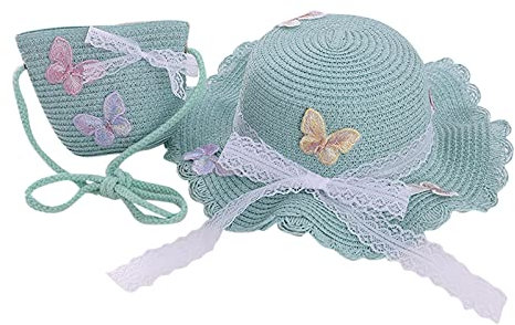 + Bolsa de sombrero Sombrilla Sol Paja Playa Niños Paja Tiene Chica Paja Sombrero Niños Sombrero para Niños Gorros Cool Niñas, verde menta, Talla única