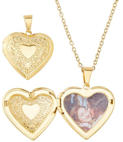 Hobbspring 1 Stück Herz Medaillon Halsketten 45.5cm Golden Herz Halsketten Erinnerungs Foto Bild Medaillon Halskette Edelstahl Halskette Für Frauen Ehefrau Valentinstagsgeschenke