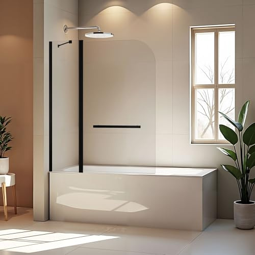 BoBliss 48 W x 58 H Bathtub Shower Door, Frameless Glass Shower Door with 1/4 (6mm) Clear Tempered Glass, Chrome Finish Shower Glass Doors for Bath Tub, 180° Rotatable Panel, Matte Black