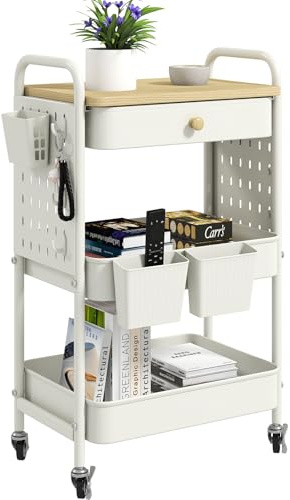 danpinera 3 Tier Rolling Cart, Metal Utility Cart with Wooden Table Top & DIY Pegboard, Rolling Carts with Drawer, Storage Cart with Hooks & Hanging Cups for Kitchen, Bathroom, Office
