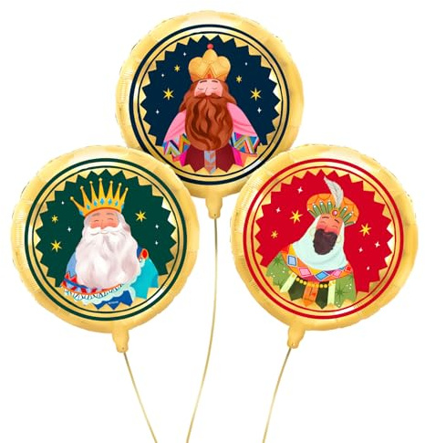 OH YEAH - Set Globo Foil Reyes Magos - Ø 43 cm - Decoración Navideña - Celebraciones Familiares, Escolares y Escaparates - Roscón de Reyes - Eventos Navideños - APTO HELIO