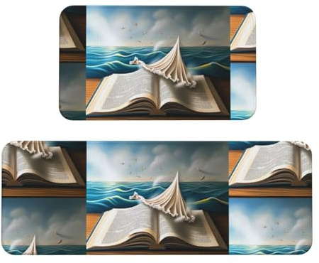 Book Wave Printed Kitchen Rugs Set of 2, Cushioned Anti-Fatigue Kitchen Mats for Floor, Waterproof Comfort Standing Mat Absorbent Velvet Kitchen Runner Rugs 17x30+17x47