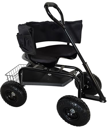 Relaxdays Taburete de jardín rodante, Ajustable en Altura, 150 kg, almacenaje, Manillar, cojín, Respaldo, Negro | manillar, cojín de asiento, respaldo, carrito de jardín