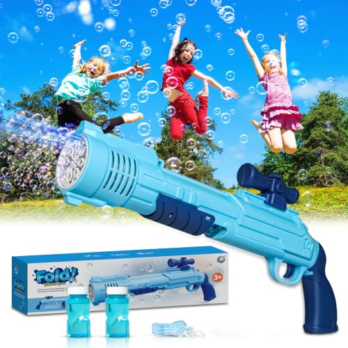 BUBOJOY Pistolet à Bulles pour Enfants, Machine à Bulles Automatique 10000+ Bulles/Min avec Lumières/10 Trous/Solution, Portable Bubble Gun pour en Plein air Fêtes Mariage L'été- Bleu