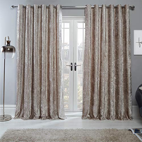 Sienna Crushed Velvet Curtain Eyelet Ring Top Pair of Fully Lined Curtains, Soft Luxury Natural Gold Thermal Insulated Curtains Window Treatment 2 Panel, 66 x 54