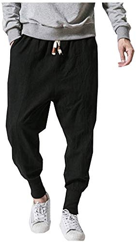 LifeHe Men Linen Drop Crotch Wide Leg Baggy Harem Pants (Black, L)