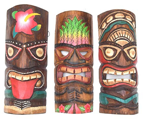 Interlifestyle 3 Tiki Masken 30cm im Maui Hawaii Look Style 3er Set Holzmasken Wandmaske Osterinsel