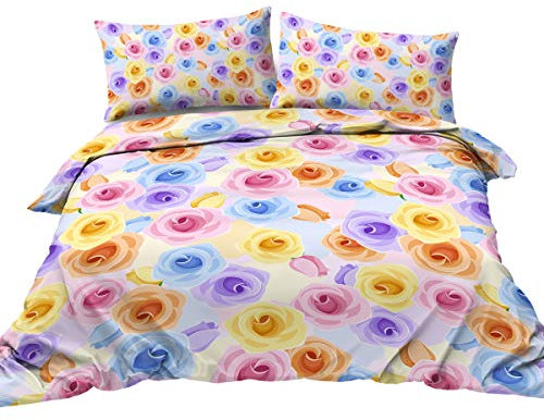BlessLiving Blue Pink Vintage Rose Bedding Romantic Roses Bedspread 3 Piece Duvet Cover Set with Zipper Closure Corner Ties (Single)