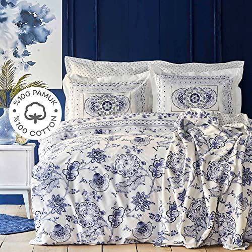 Karaca Home Amar Blue Bettbezug-Set für Doppelbetten aus 100% Baumwolle, Bettbezug 200 cm x 220 cm, Kissenbezug 50 cm x 70 cm, Blatt 240 cm x 260 cm, Oberbett für Winter, Flexible, Stilvollen Mustern