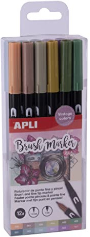 APLI 19156-12 st. akvarellpennor i vintage – penselmärkpenna med dubbel spets, 1 mm rund och 1–4 mm borste