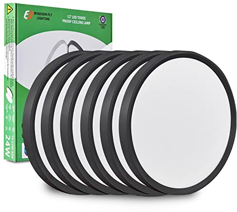 12 Inch LED Flush Mount Ceiling Light 6PK, 24W, 2520LM, 3000K/4000K/6000K CCT Selectable, Round Flat Panel Light Low Profile Ceiling Light Fitures for Hallway, Kitchen, Bedroom, Laundry Room, Black