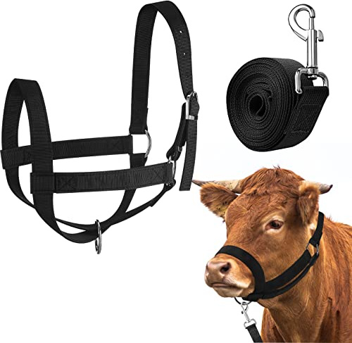 Hillban Capezza per bovini, Cavezza Regolabile per Polpaccio con Corda per Cavallo, Asino, Capra, Puledro, in Nylon, Forniture per addestramento (Nero, L)