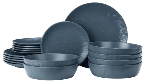 Navaris Servizio Piatti da 6 Persone - Set di 18 Piatti Moderni Colorati Particolari - Accessori Cucina Stile Moderno - Servizi Tavola in Ceramica - Gres Blu Fumo Effetto Lino
