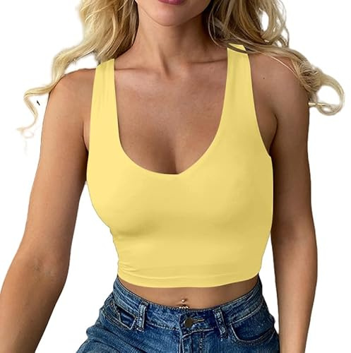 Haibang Canotta Donna Elegante Estive Crop Top Sexy Slim Fit Tank Top Senza Maniche Canottiera Corto Sportiva con Scollo a V Basic Aderente Sottogiacca Moda Maglietta Tinta Unita Shirt