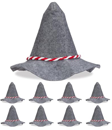 Relaxdays Seppelhut, 9er Set, rot-weiße Kordel, Hut für Karneval & Fasching, breite Krempe, bayrischer Filzhut, grau