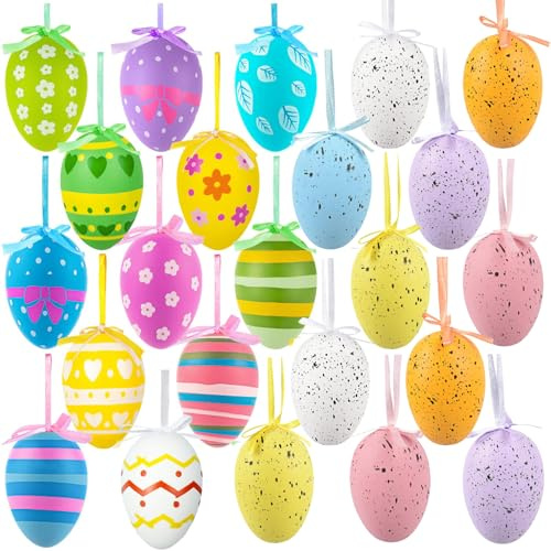 Huevos de Pascua para colgar, 24 unidades de 6 cm, coloridos huevos de Pascua de plástico, decoración para rellenar, decoración moderna para ramos, cesta, corona y ramas para Pascua, decoración de