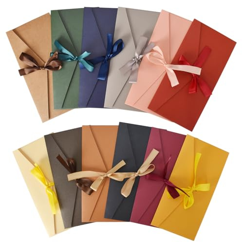 Busta Carta Perlescente,12Pezzi Colorato Buste Lettere,Busta Lettera con Nastri,Buste Colorate Vintage in Carta Perlescente Colori Vivaci,per Biglietti Regalo per Feste,Natale, Matrimoni(22 * 10.8cm)