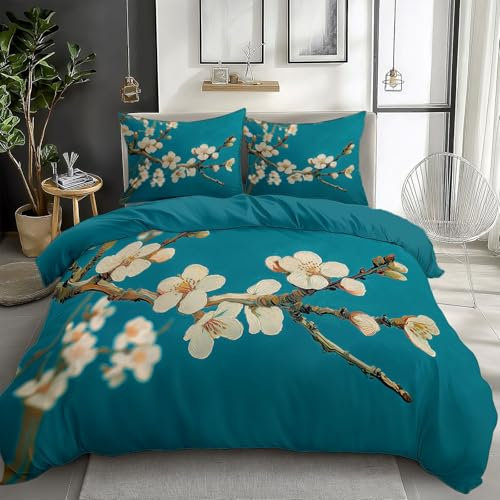 Sky Blue Duvet Cover Set Single 135x200 cm Apricot Tree Branches Flowers 3 Pieces Bedding Quilt Cover Sets, Soft Polycotton Bed Cover Set with 2 Pillowcases, for Kids Boys Girls Adults