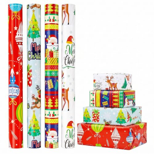 Christmas Wrapping Paper Roll,Cydaluya 4 Roll Xmas Wrapping Paper,4 * 3m Wrapping Paper Roll with 4 Classic Elements Designs for Christmas Decoration