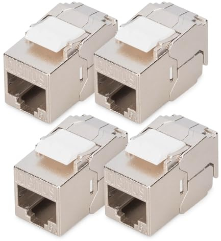 DIGITUS Modulo Keystone Cat-6A schermato – 4 Pezzi – Versione compatta – Presa RJ45 – 500 MHz 10GBase-T – AWG 26-22 – Designabile – con Fascette – Montaggio Senza Attrezzi