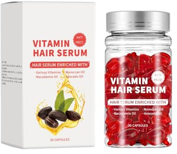 Vitamin Hair Serum Capsules - Fight frizz, repair damaged hair, enriched with organic vitamin B5, argan oil, and multivitamins, 30 capsules