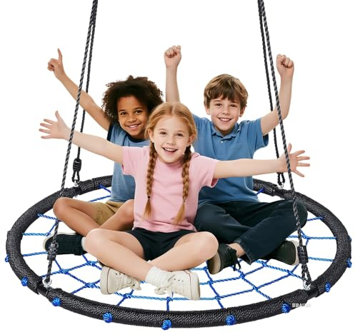 40 Spider Web Saucer Tree Swing, 450lbs,Adjustable Heightfor Kids and Adults, Outdoor Net Swing with Steel Frame and 2 Hanging Straps (Blue-120cm)