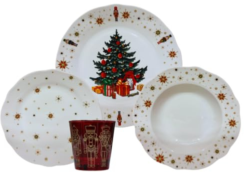 Omniacasa Servizio Piatti di Natale in Porcellana per 6 Persone Con Biccheiri: 24 Pezzi, Decorazioni con Albero di Natale Schiaccianoci e Stelle, Rosso e Bianco, Adatto: Lavastoviglie e Microonde.