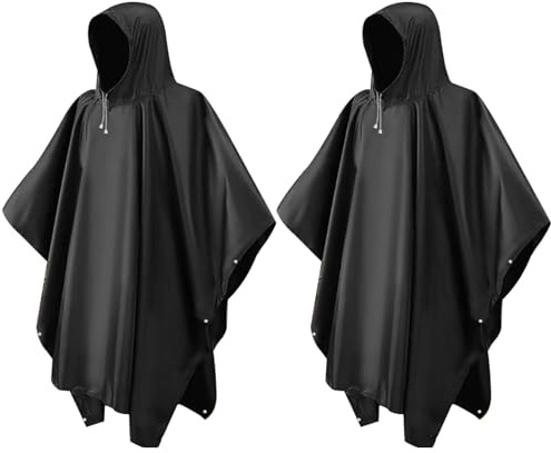 2Pcs Reusable Adult Rain Ponchos, Black Waterproof Poncho Adult, Thick & Wear-Resistant Rain Coat with Drawstring Hood, Portable Rain-Poncho Family Pack for Emergency Outdoors Camping Men Women