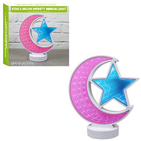 Global Gizmos Moon & Star Infinity Mirror Light, White, Pink & Blue