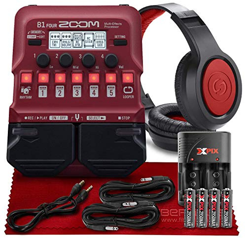 Zoom B1 Procesador de cuatro efectos de graves eléctricos, pedal de múltiples efectos + auriculares estéreo dinámicos SR360, baterías XPIX de alta capacidad con cargador rápido de viaje y paquete