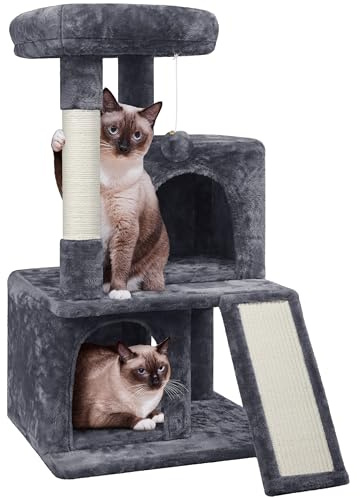 Yaheetech Cat Tree, 92cm Multilevel Cat Tower with Double Condo Scratching Post Dangling Ball for Small/Medium Kittens Pets, Pet Furniture House Dark Grey