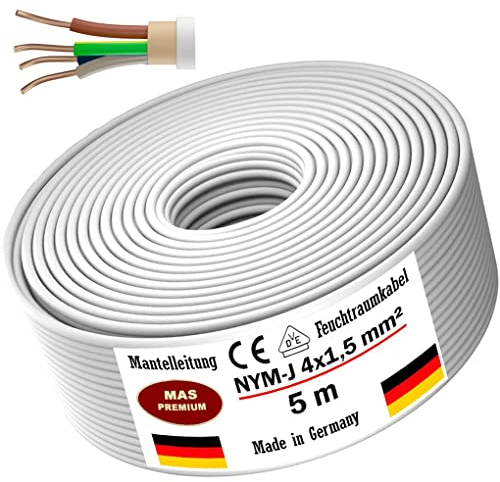 MAS-Premium Feuchtraumkabel Stromkabel von 5m bis 100m Mantelleitung NYM-J 4x1,5 mm² Elektrokabel Ring für feste Verlegung (5 m)