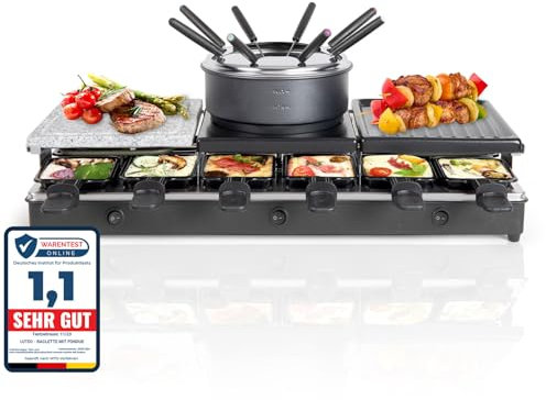 Raclette Fondue Kombi 12 Personen - Tischgrill Elektrisch mit Grillplatte und Heißer Stein - Elektrogrill Starke 1650 Watt - 12 Pfännchen Antihaftbeschichtung - 3in1 Party Grill mit Crepes Maker