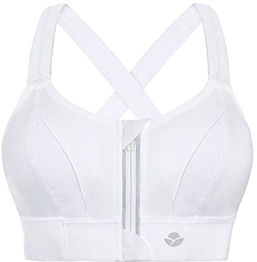 YIANNA Women Sports Bra High Impact for Large Breasts Front Zip Fastening Bras Padded Adjustable Strap Wirefree Gym Yoga Crop Top White, 151 2XL