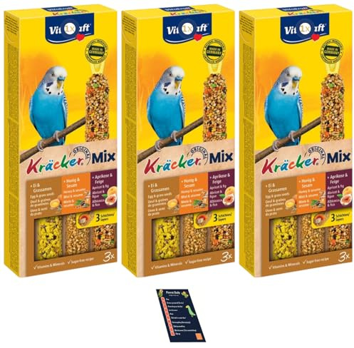 Bundle Budgies Crackers Trio-Mix including Egg, Grass Seeds, Apricot, Fig, Honey, Sesame - Pack of 3 (9 sticks in total - 270g) with Info Card