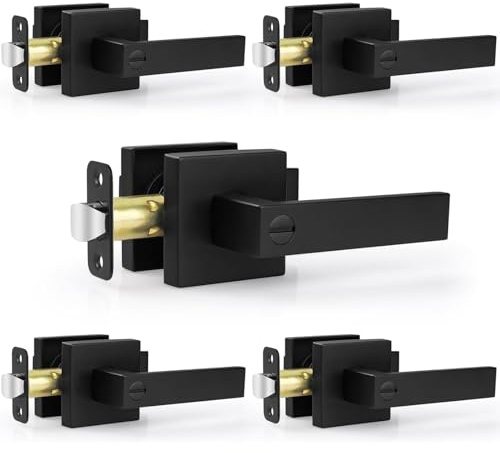 Estmoon 5 Pack Matte Black Door Handles Interior Door Knobs, Home Improvement Keyless Privacy Door Lock, Heavy Duty Zinc Alloy 2.07 lb Door Leverset for Bedrooms Bathrooms