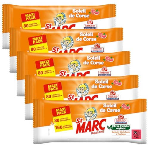 St Marc lot de 5 sachets de 80 Lingettes compostables Soleil de Corse