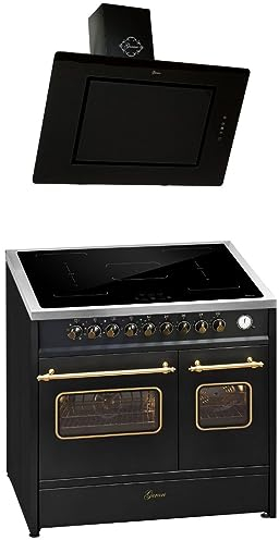 GURARI Induktions-Standherd E 913 DF RU BL+GCH S 155 BL 90 Prime, Retro Elektro Standherd 90cm, Range Coocker mit FLEX Induktion+Dunstabzugshaube 90 cm