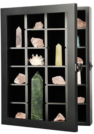 KCRasan Adjustable Rock Display Case - Wooden Crystal Organizer for Stones Storage - Rock Collection Box with Shelves for Agate Opal Crystal Stone Arrowheads Spear Points Rocks Small Black