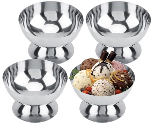 4 Pezzi Coppe Gelato, Ø 10cm 200ml Tazza per Gelato in Acciaio Inossidabile Vintage Ciotola per Gelato Rotondo da Dessert con Piede, Bicchieri da Gelato Yogurt Snack Tazze Caramelle Ciotele(Short)